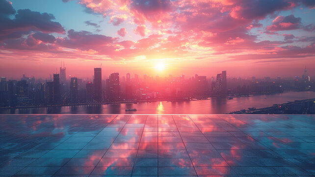 Empty square floor and city skyline with modern buildings at sunrise,generative ai