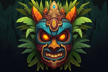 Wall Mural - Illustration of a tropical Tiki mask. Symbol of a wild tribe in the jungle.