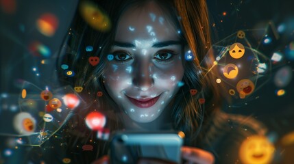 Poster - Depict a woman staring at her phone with reactions and emojis orbiting around her, showcasing the instant gratification and overstimulation from social media.