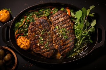 Canvas Print - Grilled steak served on a dark plate, accompanied by fresh herbs, tomatoes, and garnishing