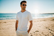 © Mango Monkey Design - White t-shirt Mockup. Man wearing white basic tee on the beach Background. AI generated art.