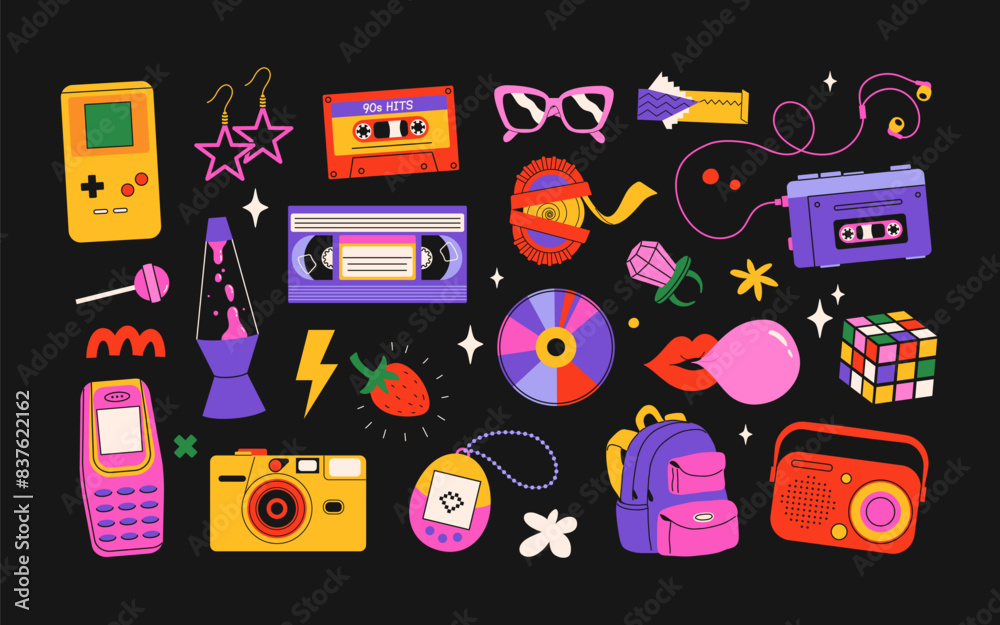 Classic 80s back to 90s elements in modern flat style. Hand drawn ...
