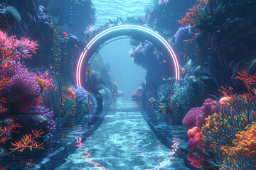 Wall Mural - Enchanting Deep-Sea Pathway with Neon Gate Leading to Sunlit Beyond