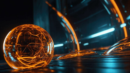 Poster - Abstract yellow orange glowing energy magic bright high tech sphere ball circle in fire and smoke background