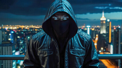 Poster - Hooded man hacker cybercriminal in hoodie against night view of the city