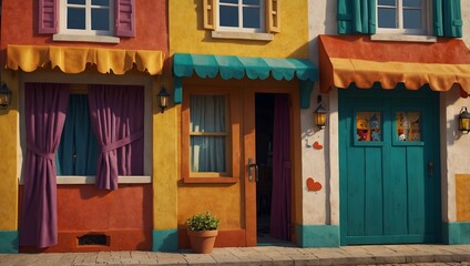 The joy of storytelling with a cartoon house exterior, adorned with quirky characters peeking out from behind colorful curtains ai_generated