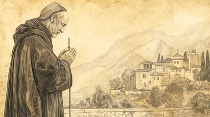 Devoted Saint Benedict of Nursia praying with a cross, serene monastery background, holy atmosphere, beige background, Biblical Illustration, copyspace