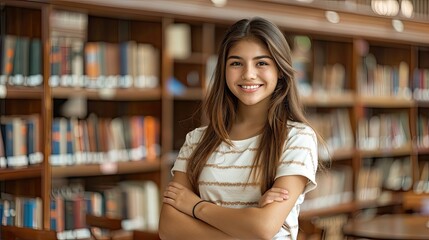 A young woman is smiling and standing in a library