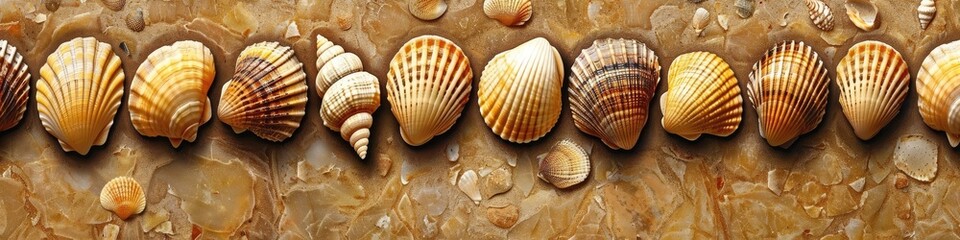 Wall Mural - A row of shells are shown in a row on a brown surface