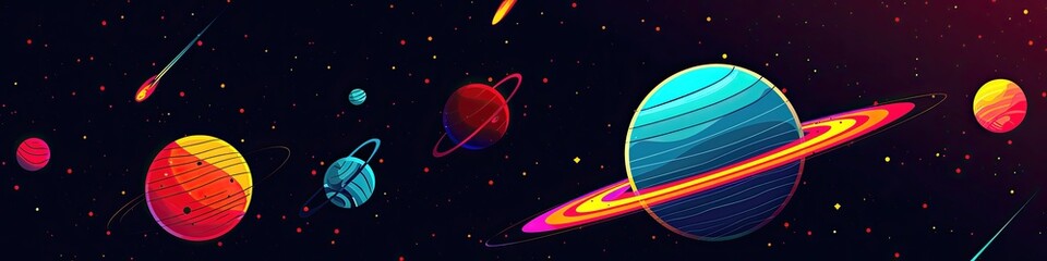 A colorful space scene with a large blue planet in the middle