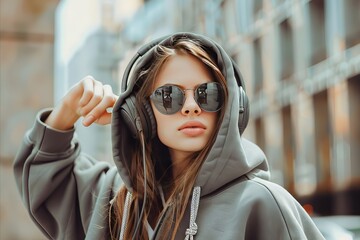 Poster - Stylish Asian Woman Wearing Gray Oversize Hoodie , Sunglasses and Headphones City Background