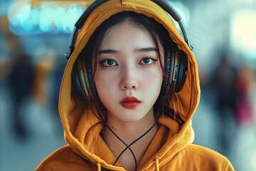 Canvas Print - Stylish Asian Young Woman Wearing Yellow Oversize Hoodie and Headphones