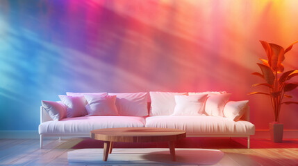 Poster - Modern neon living room white sofa on neon wall