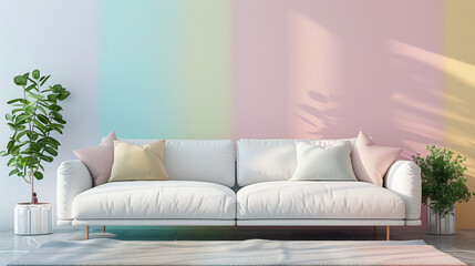 Canvas Print - Modern colorful living room white sofa with pillows and a potted plant in front of a colorful wall