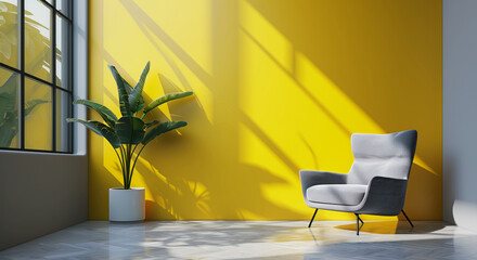 Wall Mural - Modern living room with a yellow wall and gray armchair in the middle