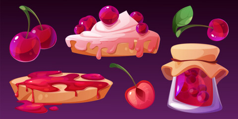 Toast bread with cherry jam and cream. Cartoon vector illustration set of sweet snack with red berry spread and dairy products. Organic gourmet food. Dessert sandwich with fruit jelly preserve.