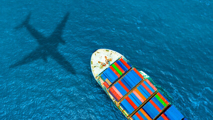 Aerial view of the freight shipping transport system cargo ship container. international transportation Export-import business, logistics, transportation industry concepts	