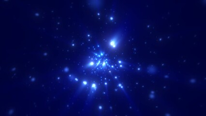 Fototapete - Abstract bright blue glowing background with flying dots circles bokeh energy particles and light rays, video in high quality 4k, motion design