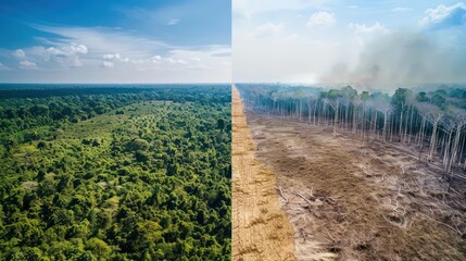 Wall Mural - Before and After Deforestation: Capture before-and-after images of a forested area transformed into cleared land, illustrating the stark contrast between the lush greenery of the forest.