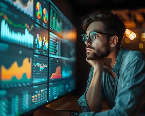 Poster - focused business analyst reviewing financial data on large digital dashboard for informed decision m