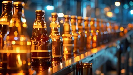 Wall Mural - Conveyor belt transporting beer bottles in a brewery. Concept Brewery Machinery, Industrial Equipment, Beer Production, Manufacturing Process, Beverage Packaging