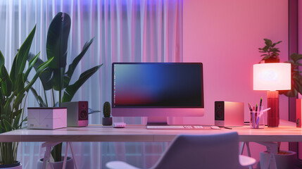 Wall Mural - A computer desk with a monitor, keyboard, and mouse