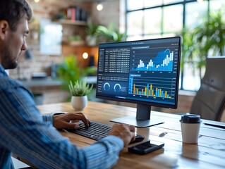 Poster - business owner analyzing e commerce trends on desktop computer with charts and graphs