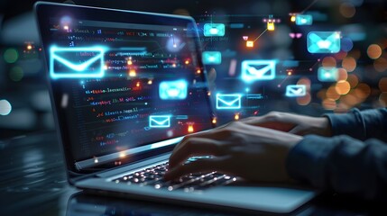 Poster - Hands Typing on Laptop with Futuristic Holographic Communication and Data Analytics Icons