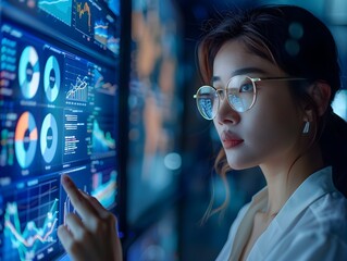 Poster - businesswoman presenting digital marketing strategy via video call with analytical charts and graphs