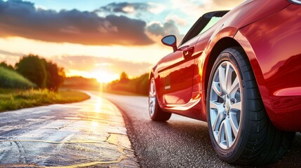 Wall Mural -  A red sports car is parked by the roadside as the sun sets in the distance The scene is filled with trees and grass in the foreground