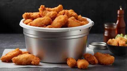 Wall Mural - chicken classic nuggets tenders meal in bucket container, boneless wings or chicken breast pieces in buffalo barbeque,