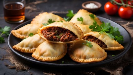 Fried empanadas with minced beef meat served on a plate, top view