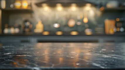 Wall Mural - Gauzy kitchen background with empty dark marble table for product display. Concept Kitchen Background, Gauzy, Dark Marble Table, Product Display, Empty Surface