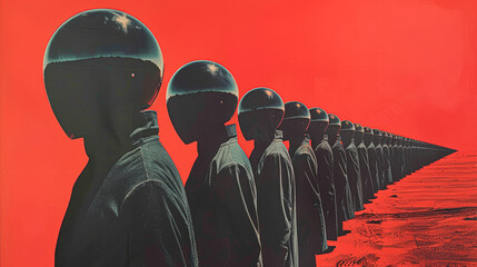 A group of people wearing helmets are lined up in a row
