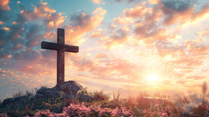 Tranquil Christian Cross Silhouetted Against Sunset Sky Symbol of Faith and Hope with Copy Space.