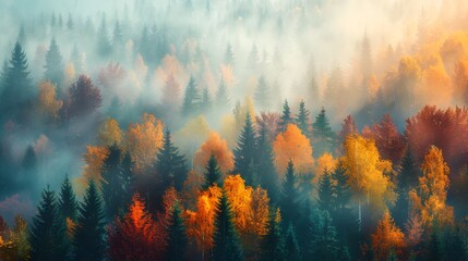 Poster - Crisp Autumn Morning with Vibrant Fall Foliage and Mist Shrouded Forest Landscape