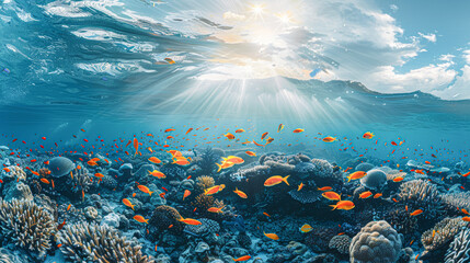 Wall Mural - Tropical Wonderland Sunlit Coral Reef with Colorful Fish