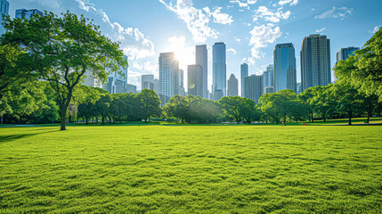 Sticker - Serene Urban Park Oasis with City Skyline View on a Sunny Day