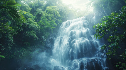 Wall Mural - Majestic Waterfall in Lush Forest Serenity with Copyspace for Text Nature's Tranquility and Beauty Concept