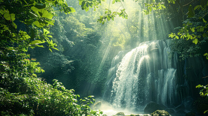 Canvas Print - Enchanting Waterfall in Verdant Forest with Copy Space for Text Serene and Majestic Nature Scene