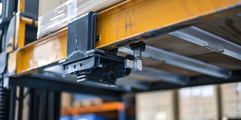 Wall Mural - A close-up of a forklift's hydraulic arm as it lifts a container box onto the bed of a truck in a busy logistics depot. 