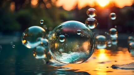 Wall Mural - Abstract beautiful transparent soap bubbles floating on sunset background, romantic outdoor park backgrounds.