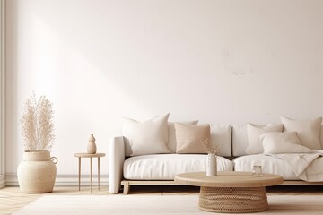 Wall Mural - Boho Living Room Interior With White Sofa And Blank Wall