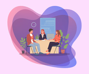 Wall Mural - couple consulting bank managers. consultants and customers discussing deposits or loan terms flat ve