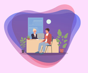 Wall Mural - female bank manager consulting man. consultant and customer discussing deposits or loan terms flat v