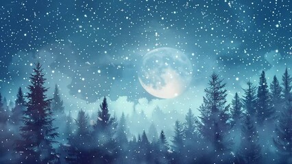 Wall Mural - winter wonderland background with starry night sky. seamless looping overlay 4k virtual video animat