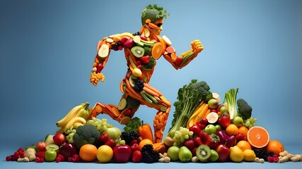 Wall Mural - a running man made up of pieces of fruits and vegetables, healthy food for a complete healthy life. nutrition