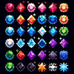 A collection of pixel art RPG-style gemstones in various shapes and colors