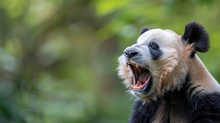 Wall Mural -  A white and black panda bear yawning, each with a wide-open mouth