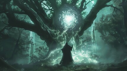 Warlock invoking a powerful entity in a sacred grove